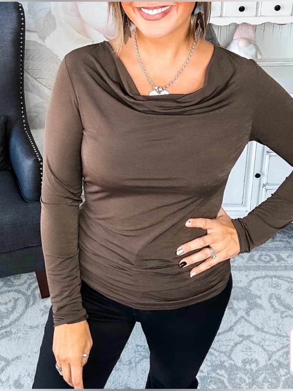Dear Scarlett Cowl Neck Long-Sleeve-Medium-NWOT-Chocolate Brown